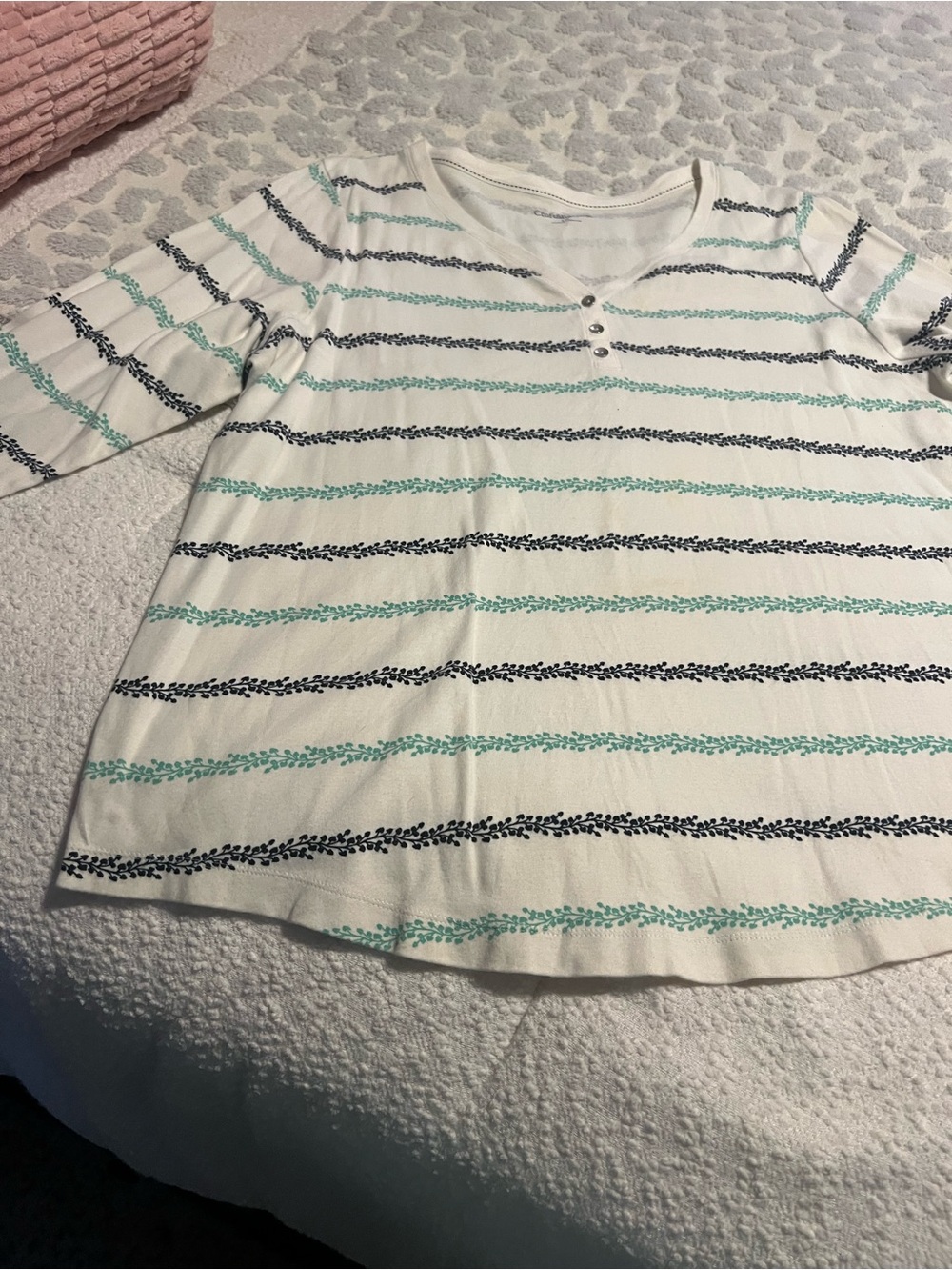 croft & barrow White Tee with Mint & navy blue Stripes 3/4 sleeved